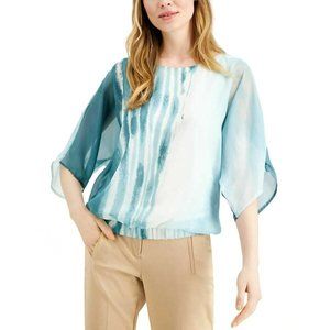 NWT Alfani Womens M L Top Green Teal White Short Sleeve Tie-Dye Blouse Shirt NEW